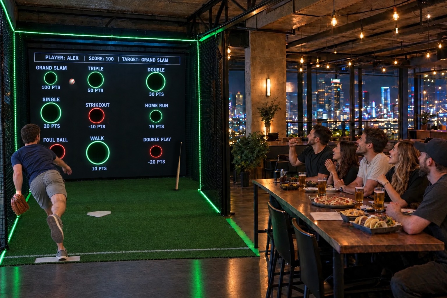 Player pitching at a wall of lit target rings while friends watch from a bar table