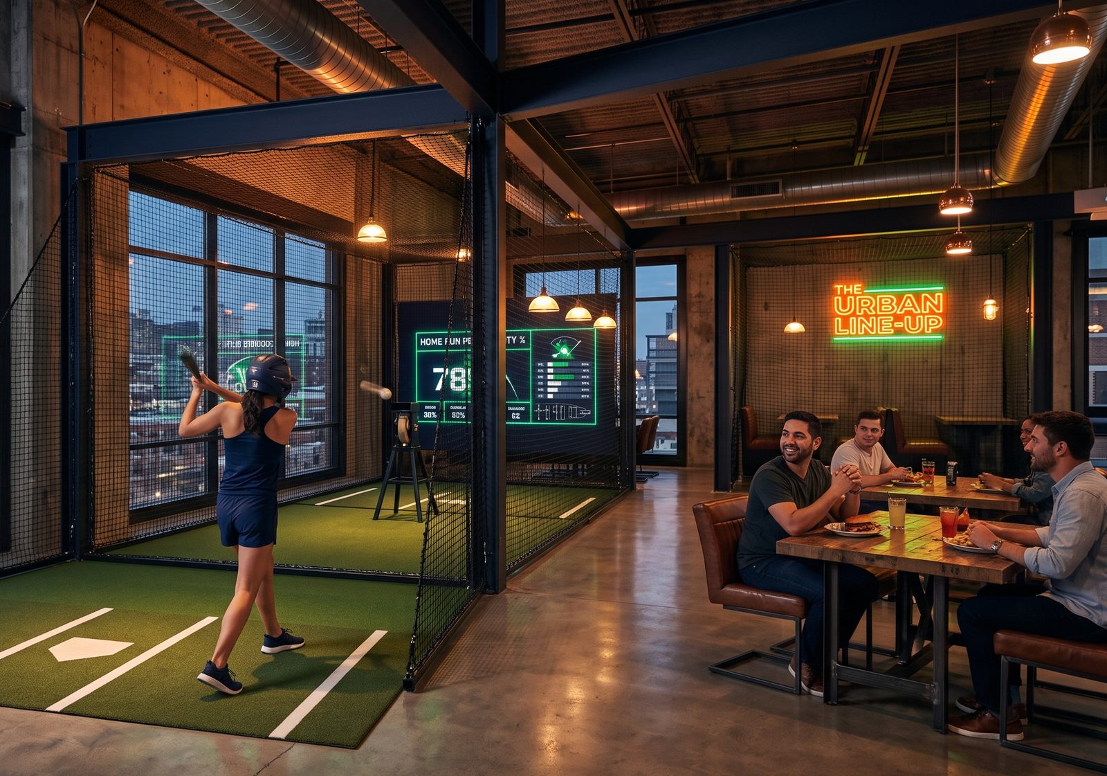 Player batting in an indoor baseball arena with a live scoreboard
