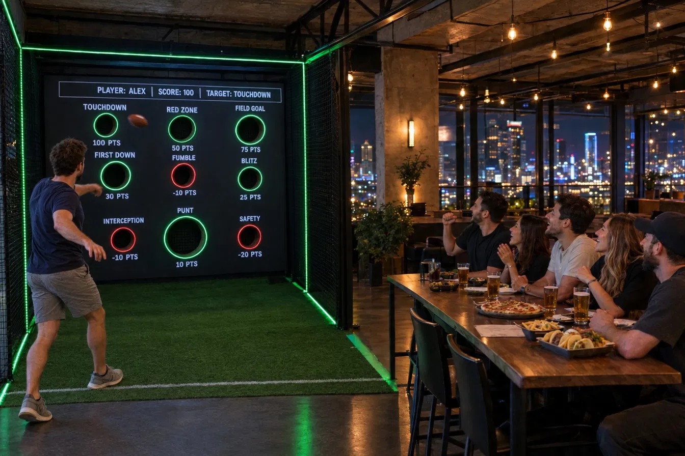 Player throwing a football at a lit target wall while friends cheer from a bar table