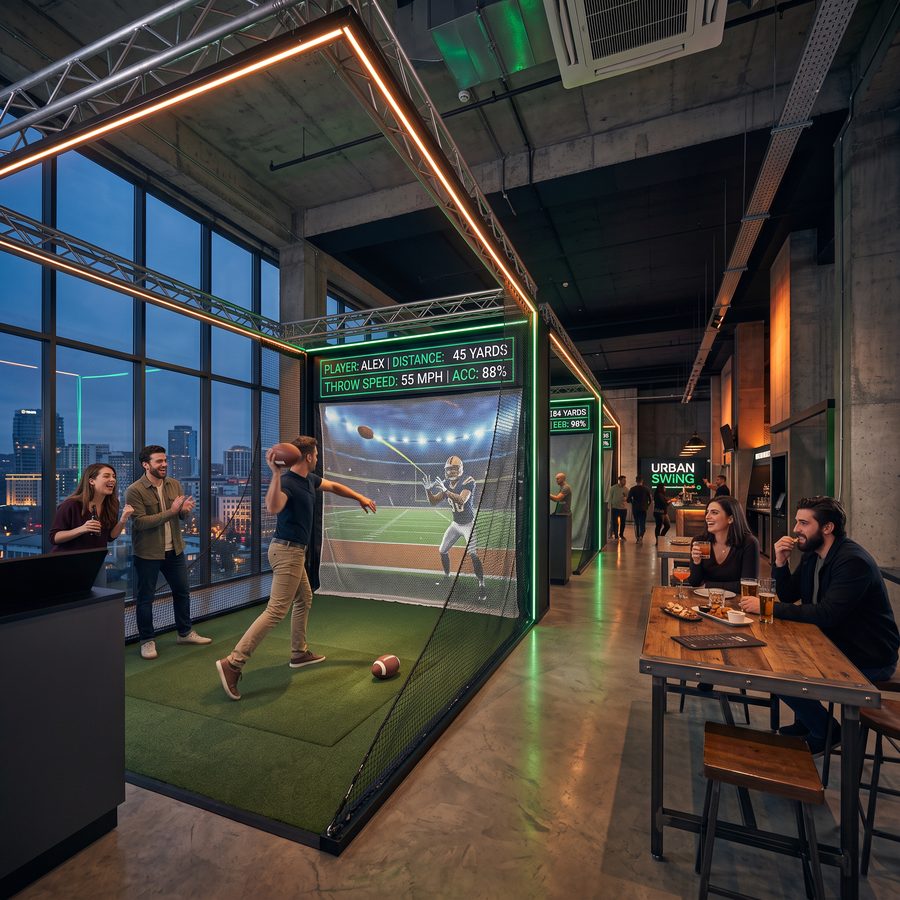 Player throwing a football at a screen target in an indoor arena
