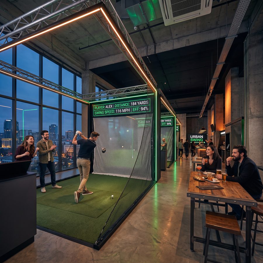 Player driving a golf ball in an indoor arena with a neon scoreboard