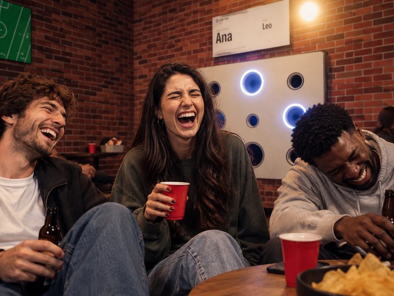 Three friends laughing at a table in a brick-walled bar. Behind them a Third Zone wall has two targets lit blue, and the screen above it shows Ana and Leo.