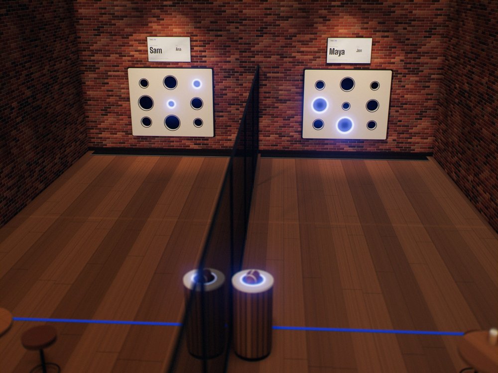 Two Third Zone walls in a mid-size room seen from above: two bays side by side, split by a black sports net along their whole length, each with its own screen, a floor line 8 meters out, a ball-return column, and a high-top table behind it.