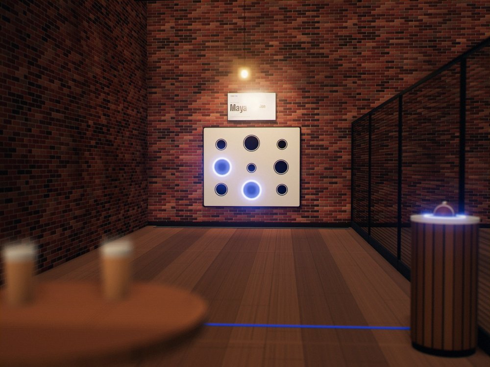 One Third Zone wall in the brick corner of a small room, seen from a high-top table with two beers. A black sports net closes off its bay, the line on the floor is 8 meters from the wall, and the ball comes back up in a column beside it.