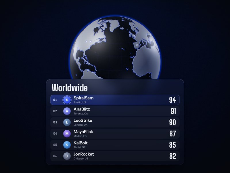 A model of the Earth above a worldwide leaderboard. SpiralSam from Austin leads with 94, ahead of AnaBlitz from Toronto and LeoStrike from London; MayaFlick from Madrid, KaiBolt from Tbilisi, and JonRocket from Chicago follow.