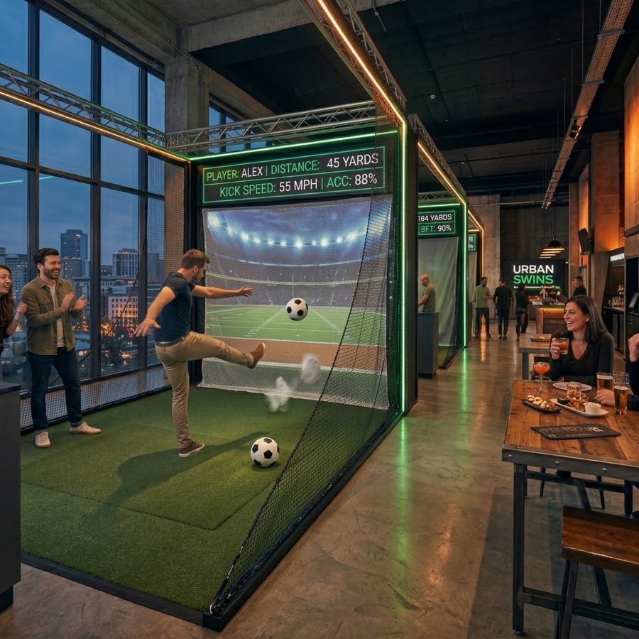 Player striking a soccer ball at a stadium screen in an indoor arena